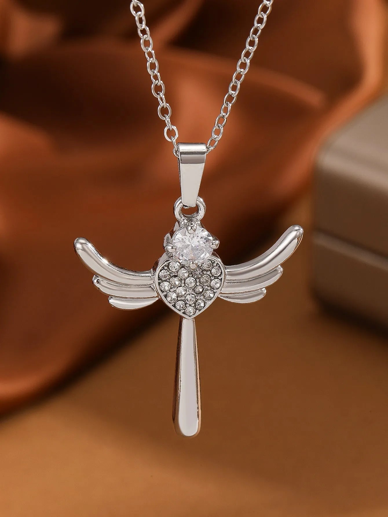 Silver titanium steel heart-shaped angel wings pendant clavicle chain cross necklace for women