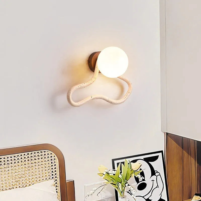 Cream Middle Ancient style bedroom wall lamp with travertine glass shade and solid wood base