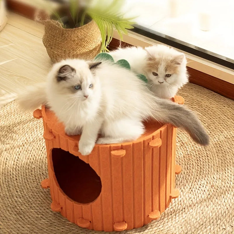 Carrot-shaped grey felt cat tunnel nest with a semi-enclosed opening, shown in two size options.