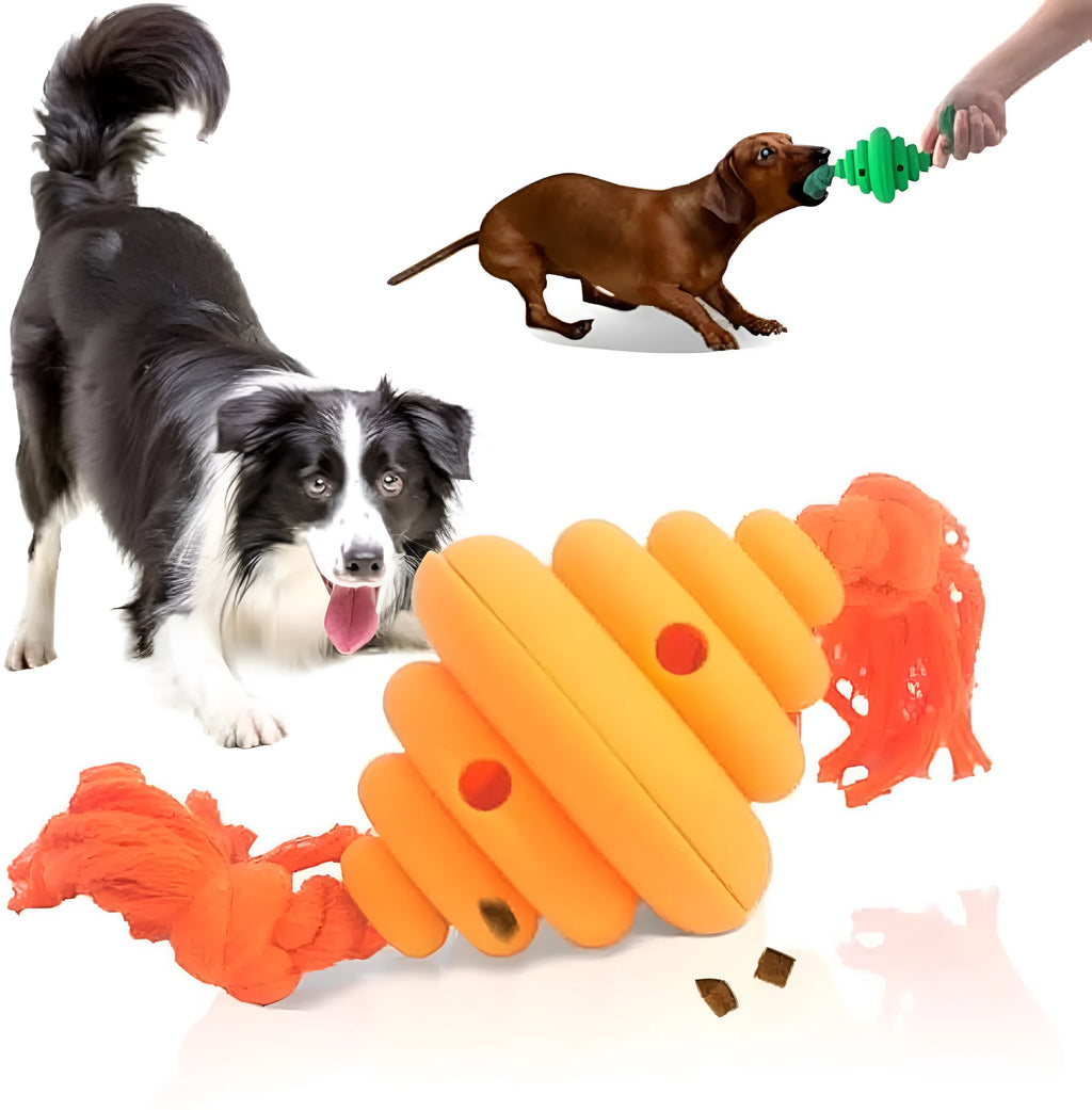 Green and yellow spiral dog ball with attached rope for tug-of-war and treat dispensing