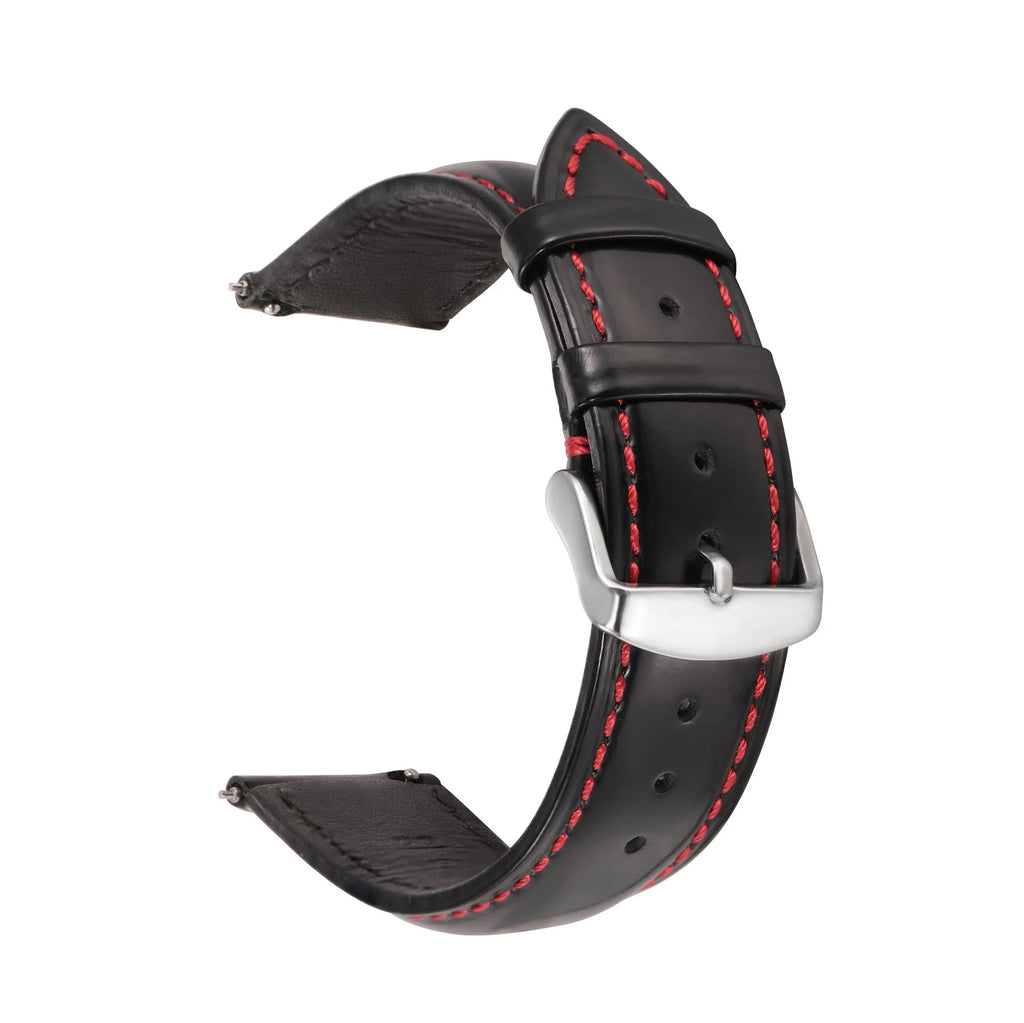 Quick-release leather watch strap in cowhide, shown in black with white stripe detail