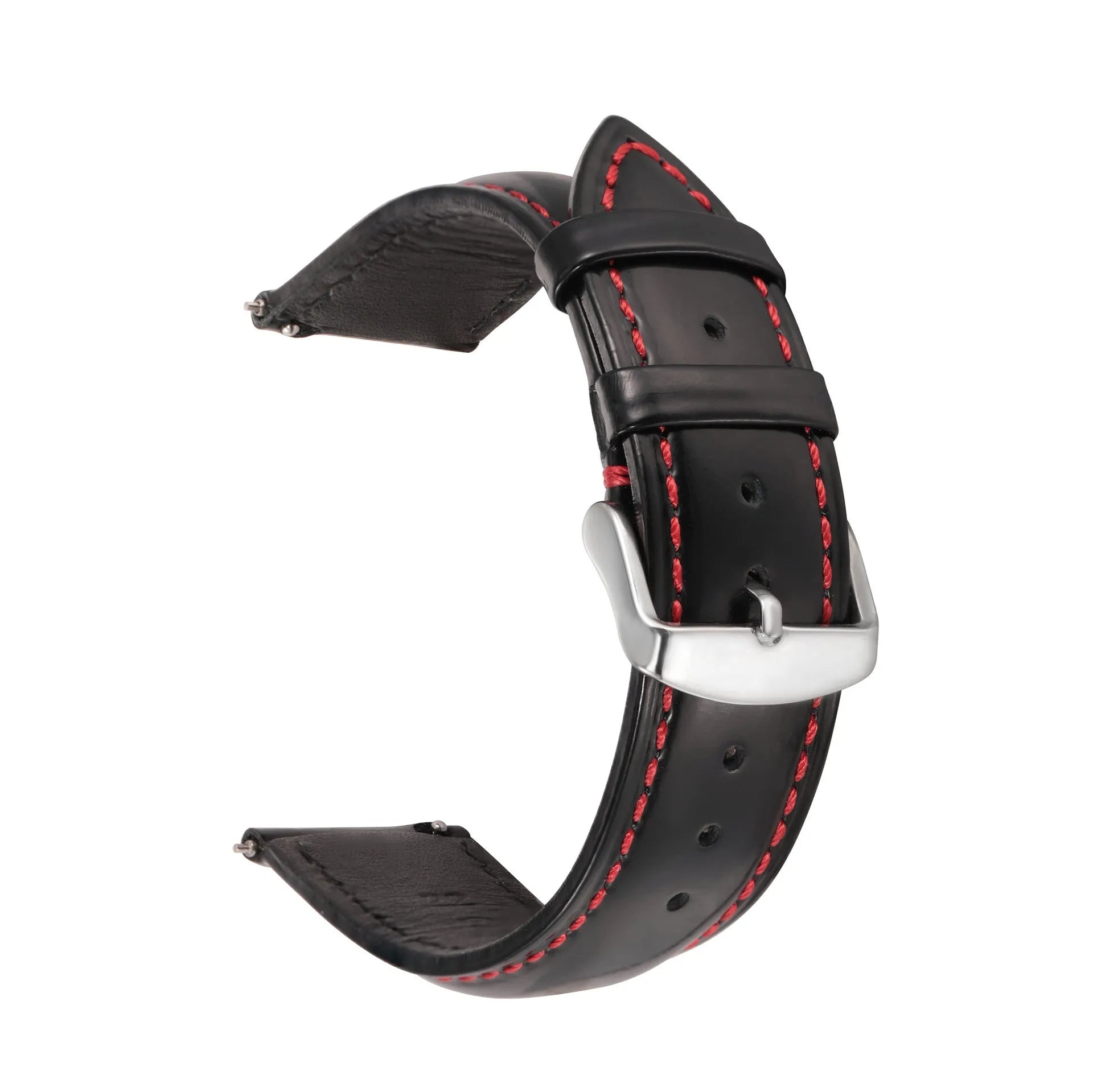 Quick-release leather watch strap in cowhide, shown in black with white stripe detail