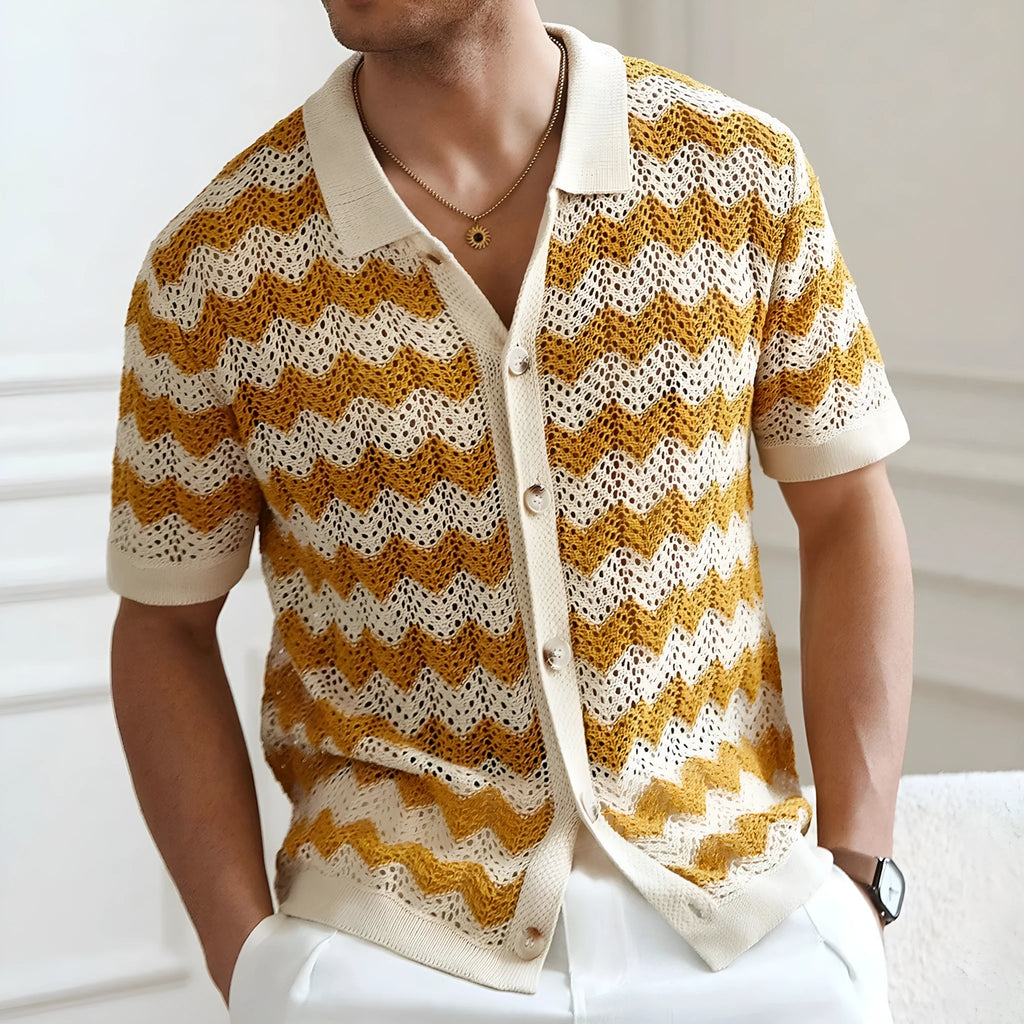 Short-sleeved yellow Tencel sweater with a textured hollow jacquard corrugated pattern, shown on a hanger.