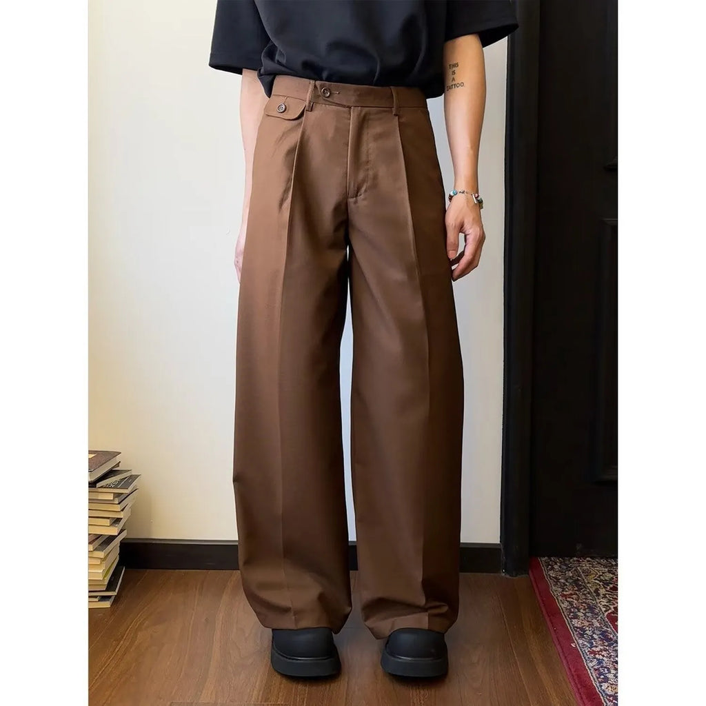 Men's brown straight-leg wide trousers with casual draping design