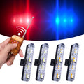 Black car mounted LED emergency warning light with wireless remote control on a vehicle roof.