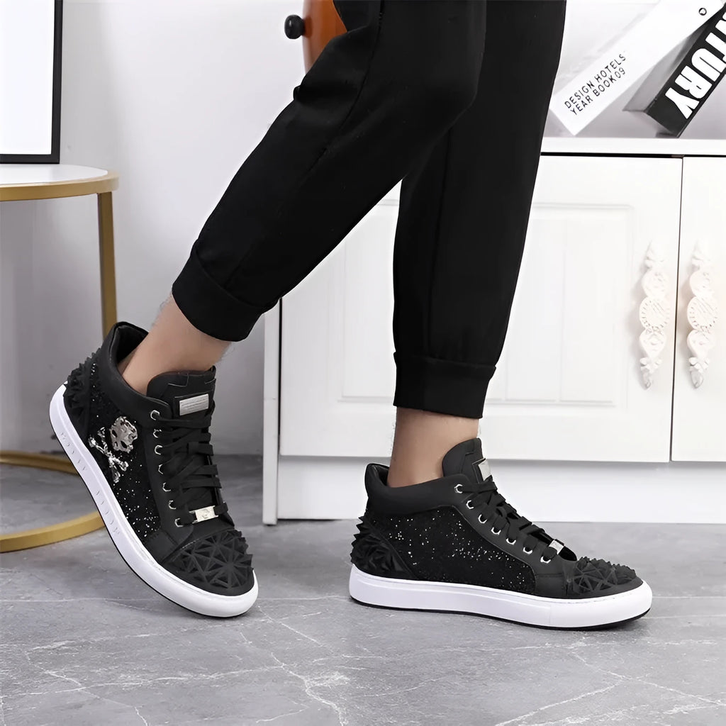 Men's black genuine leather high top skeleton shoes with lace-up front and rubber sole.