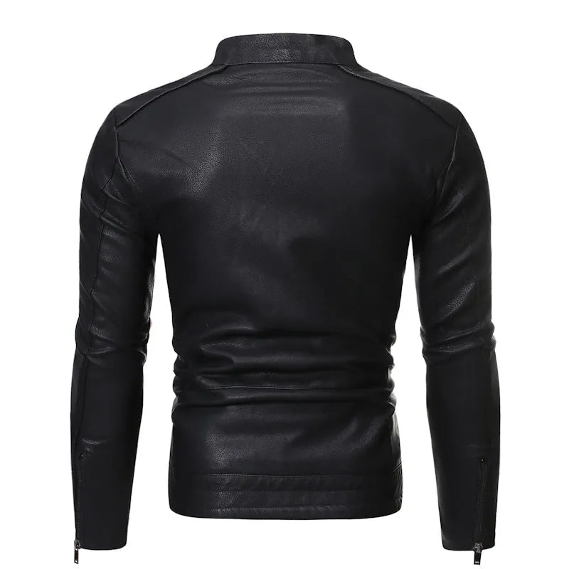Men's cowhide motorcycle leather jacket in black with decorative pockets and plain style
