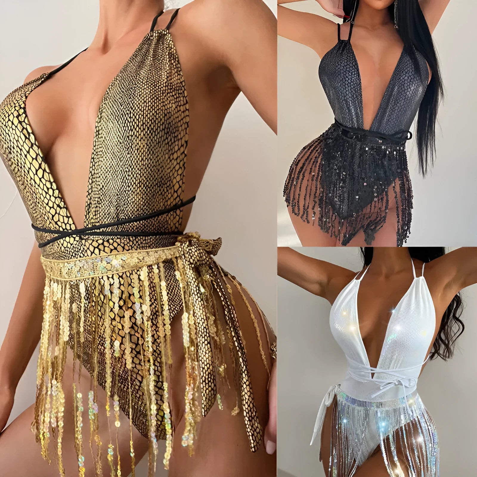 A gold backless one-piece swimsuit with tassel detailing on a mannequin, showing a form-fitting silhouette.