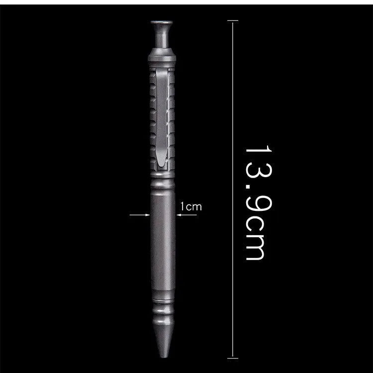 Gunmetal grey titanium alloy tactical pen with push-action decompression mechanism