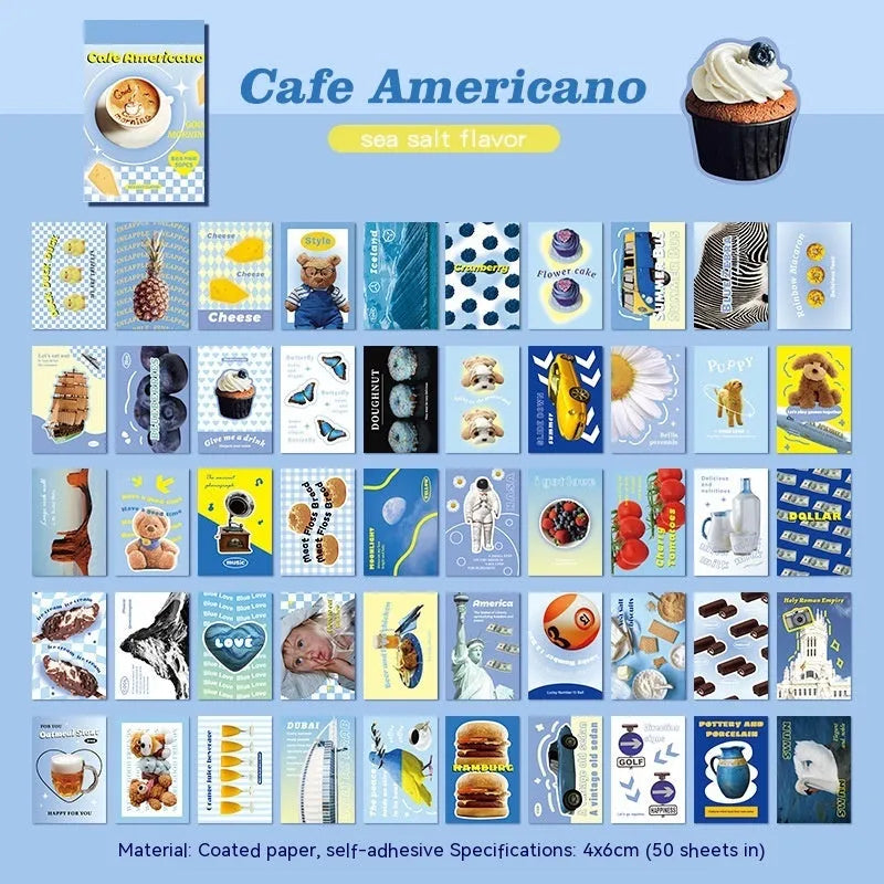 American retro cartoon style sticker book open to show 4x6cm sheets in one of six colour options.