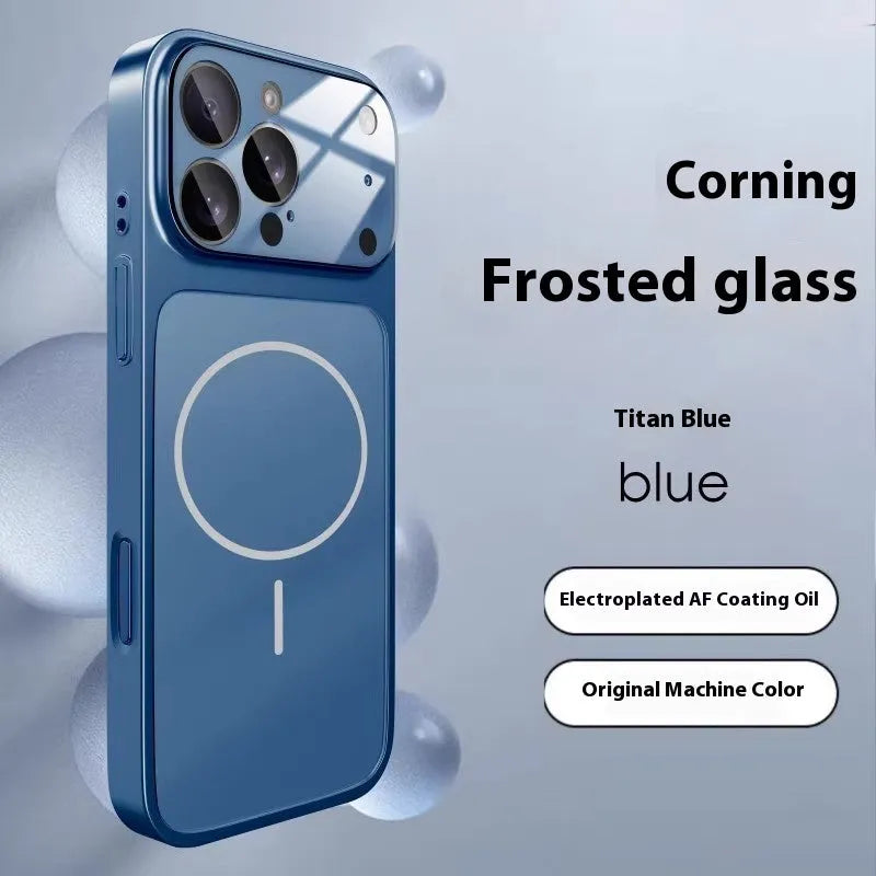 Frosted tempered glass magnetic phone case for iPhone, shown in titanium grey colour.