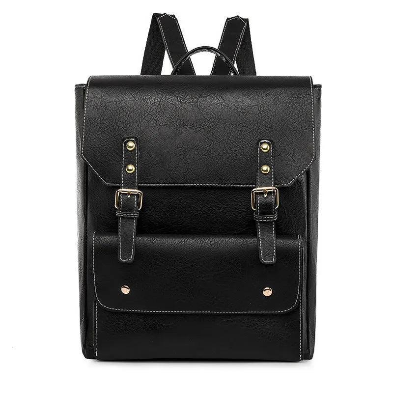 Soft retro style PU backpack shown in black, brown, creamy white, and dark brown colours