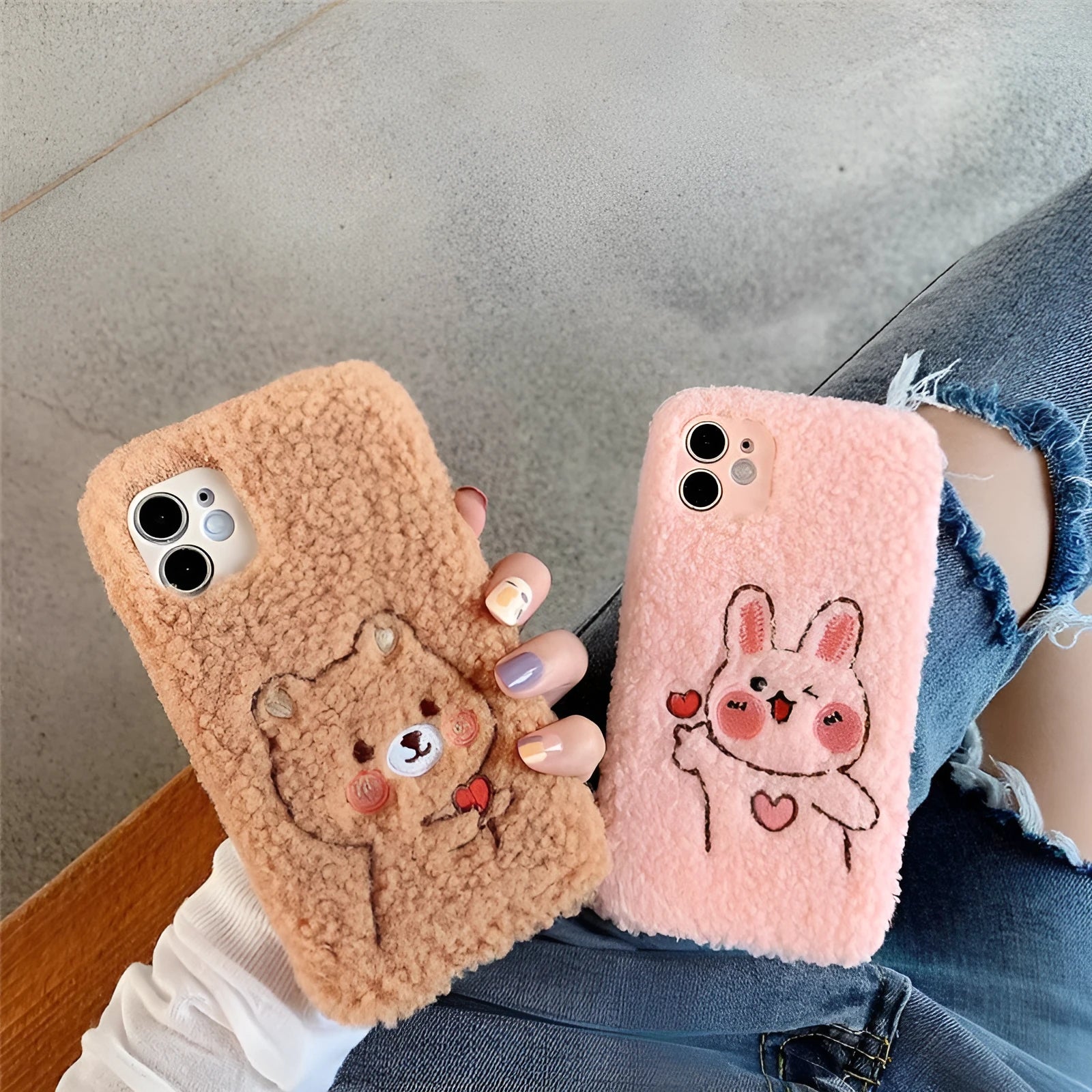 Plush love bear rabbit TPU phone case in pink and brown for iPhone models