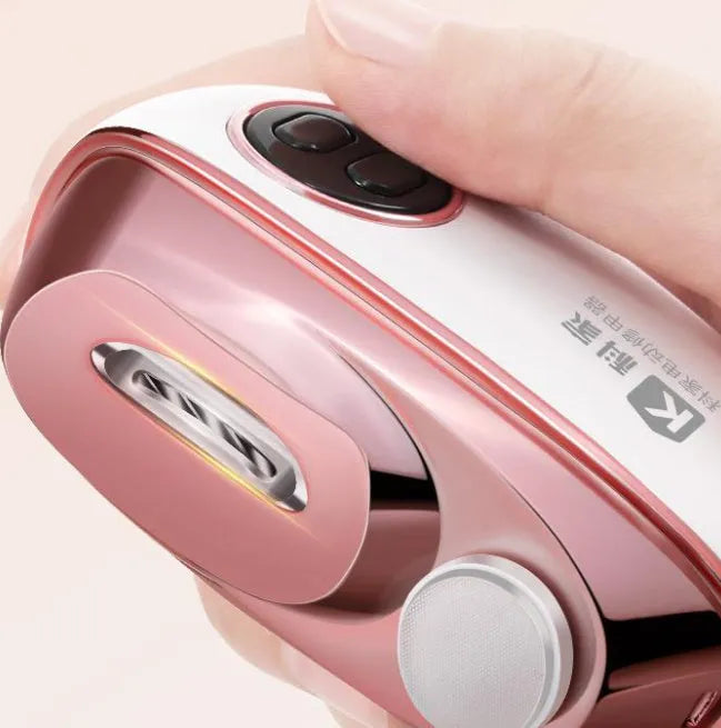 Blue, orange, and white electric nail clipper and polisher two-in-one device with USB charging cable and cleaning brush.