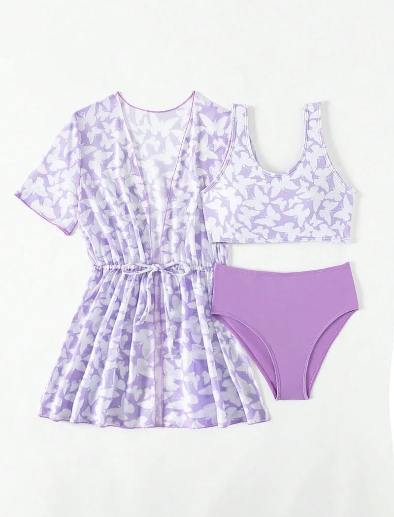 Three piece split swimsuit set for girls in colour 3218, includes coat, vest, and briefs.