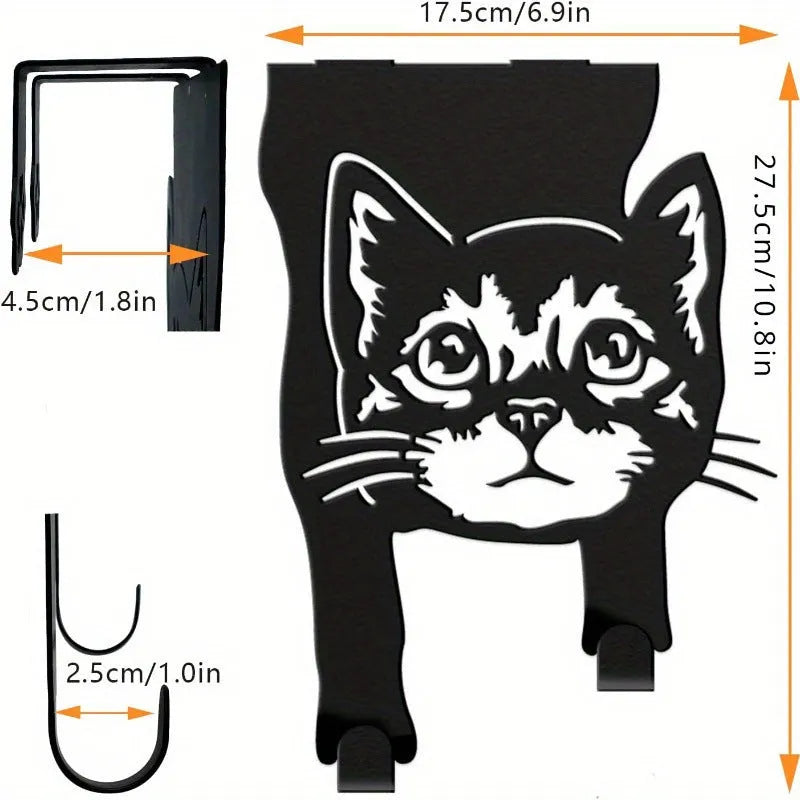 Black decorative iron cat wall hook with punch-free adhesive mounting system