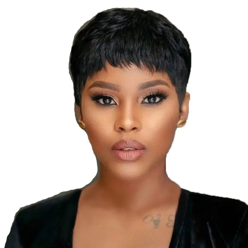 Short hair wig in black, light brown, or dark brown, made from high-temperature fibre, hot dyeable, mechanism style.