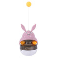 Interactive cat feeder toy in car shape with treat dispenser and sounding bell, available in brown, gray, pink, and white