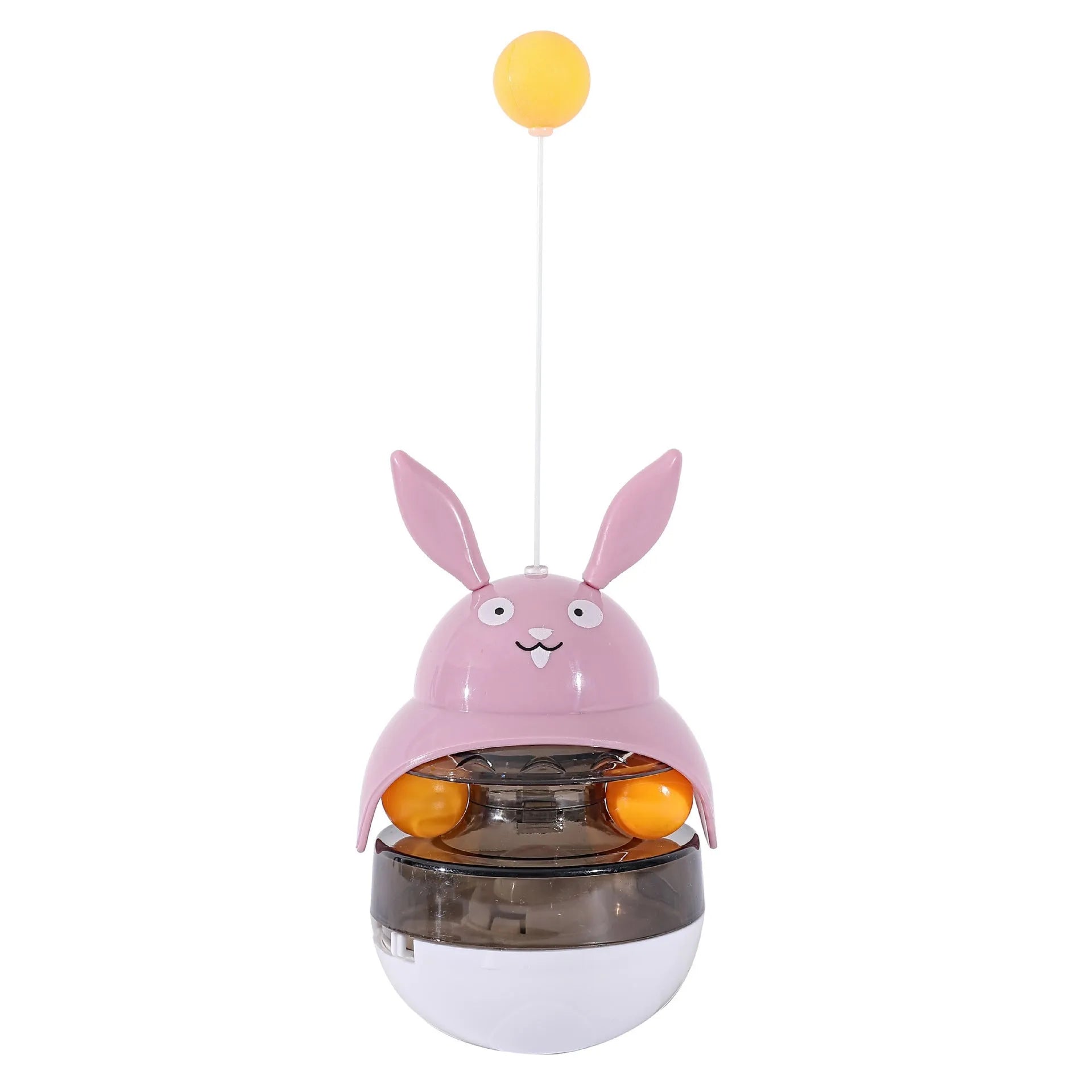 Interactive cat feeder toy in car shape with treat dispenser and sounding bell, available in brown, gray, pink, and white