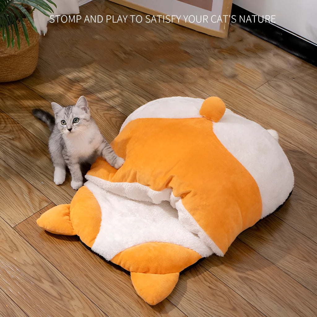 Orange semi-closed cat sleeping bag bed with warm winter design measuring 65x53x12cm