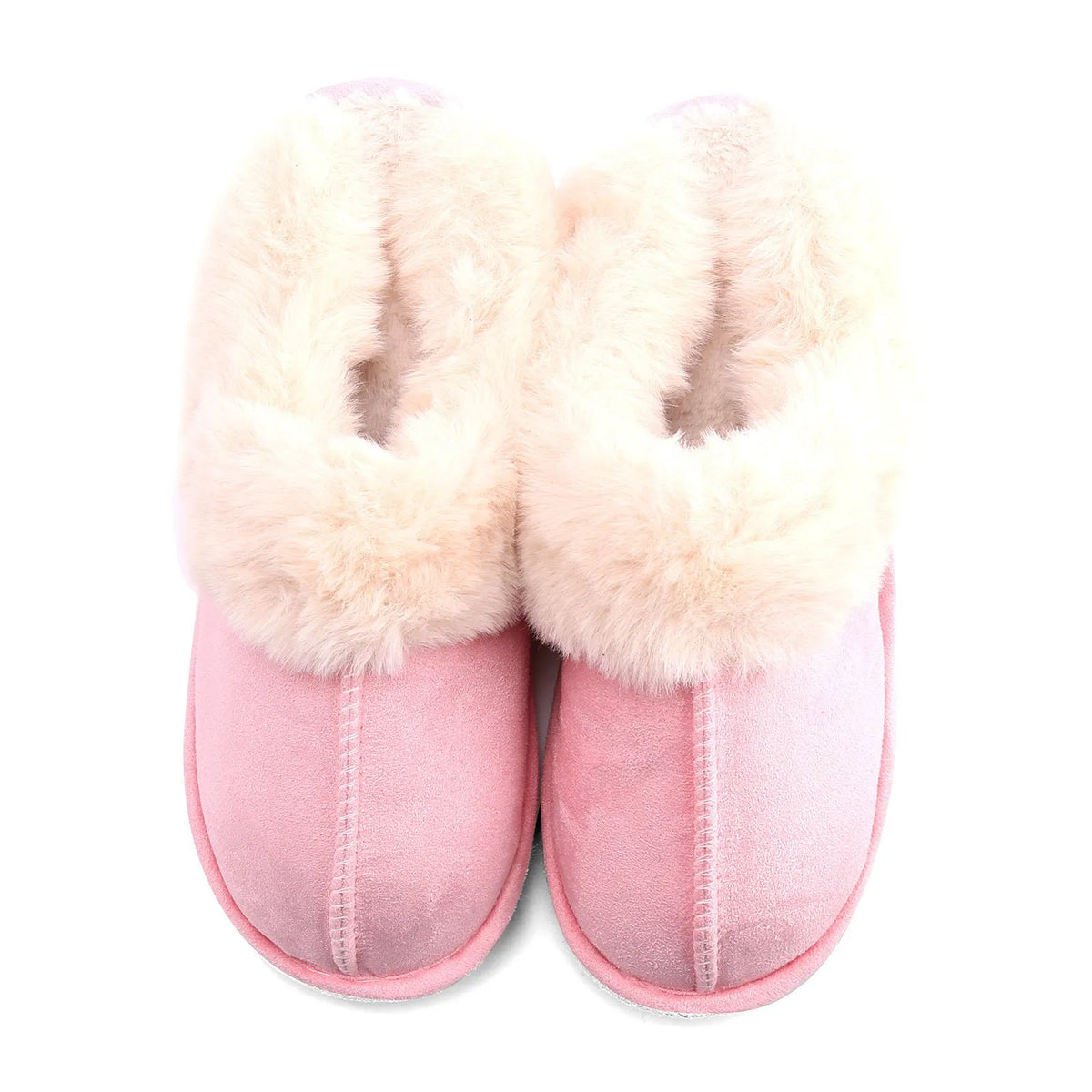 Fur furry plush house slippers with super soft velvet upper and TPR sole, shown in grey, pink, khaki, brown, off white, and brick red