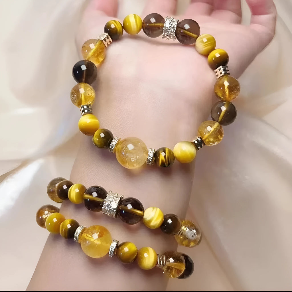 Women's natural yellow tower crystal string bead bracelet with 10mm round beads.
