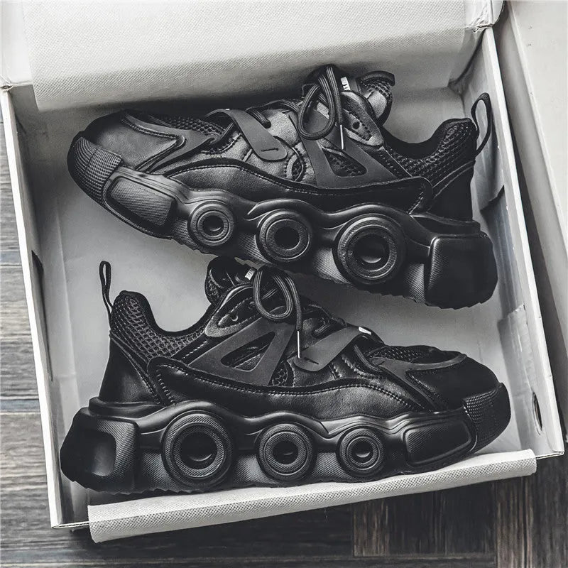 Men's black mesh sneakers with thick rubber sole and lace-up design for height increase