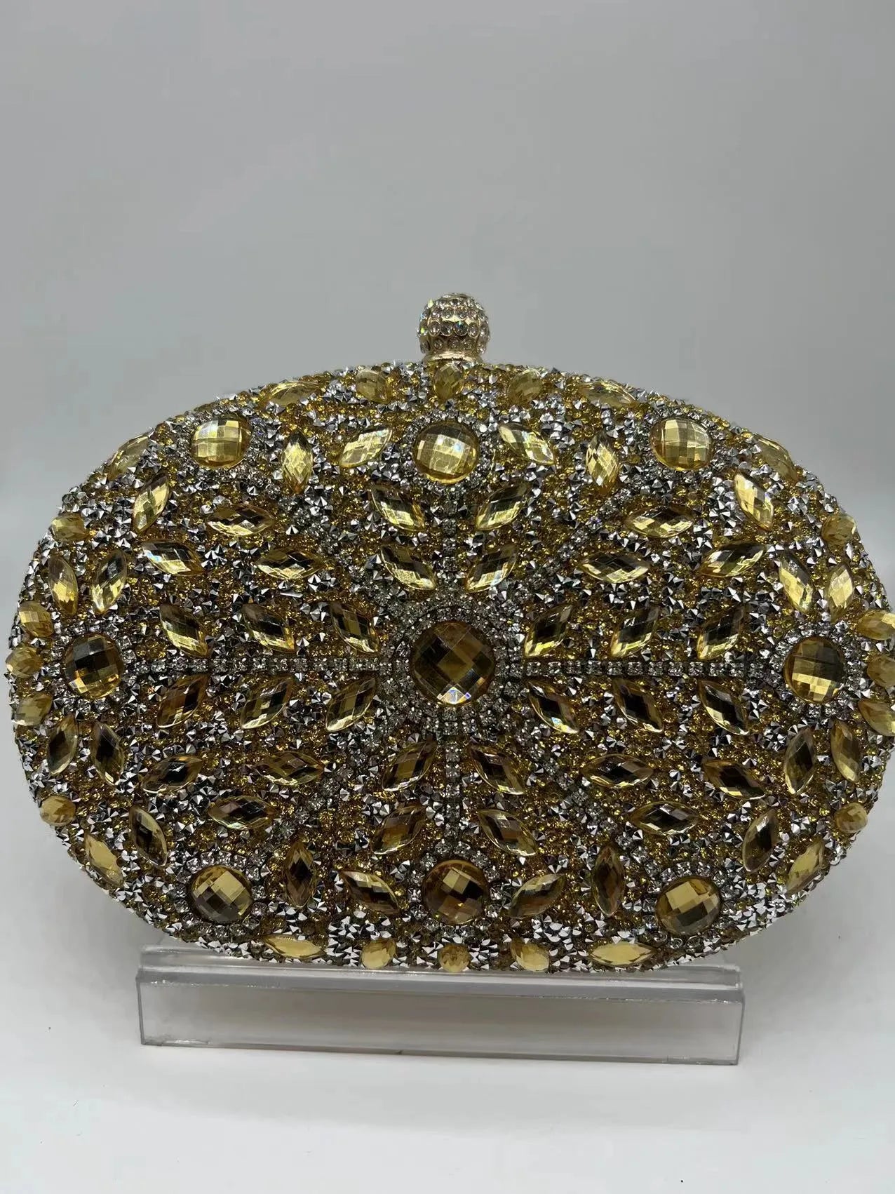 Gold hardware and rhinestone banquet handbag with structured retro design measuring 20cm wide