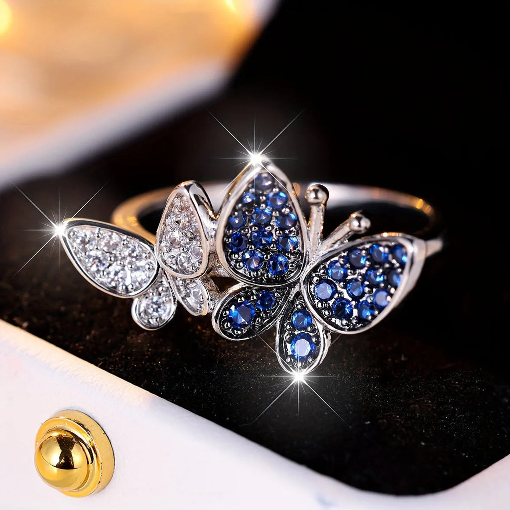 Blue and white butterfly ring for women in electroplated copper, sizes 6-10 available