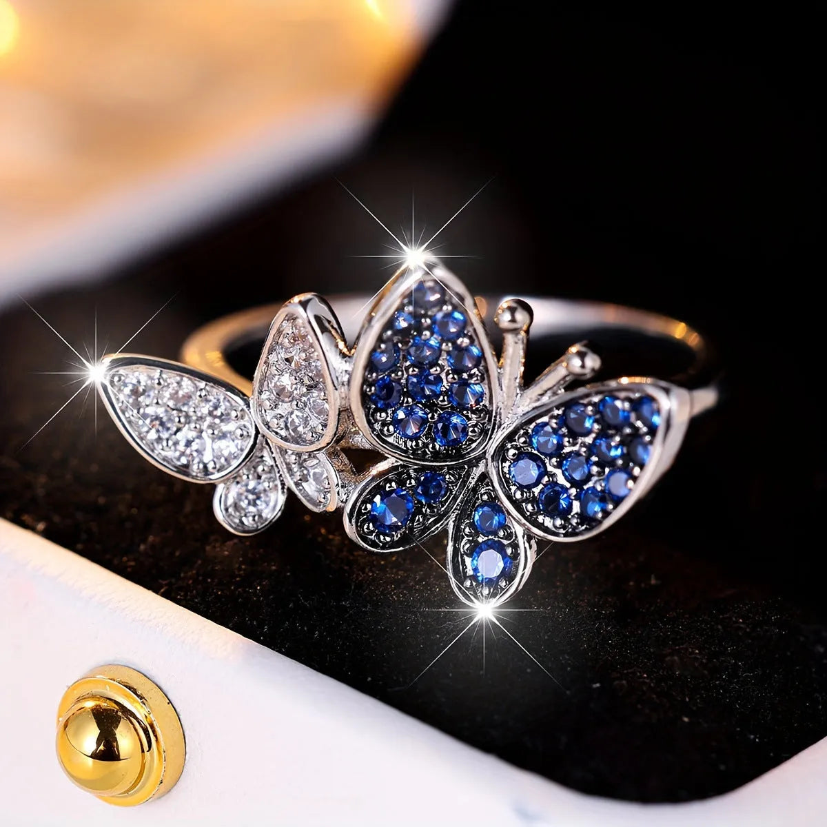 Blue and white butterfly ring for women in electroplated copper, sizes 6-10 available