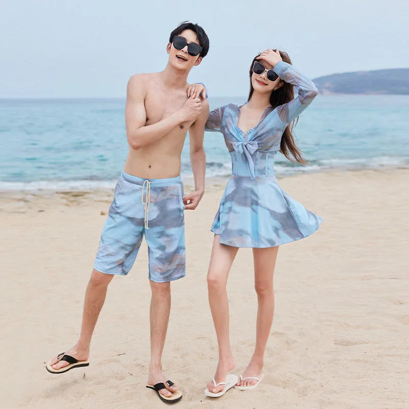 Blue one-piece couple swimsuit slimming nylon spandex tight fit for water park use