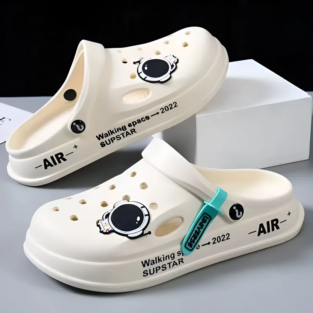 Astronaut decor PVC unisex flip-flop clogs in black astronaut colour, with anti-skid sole, indoor outdoor garden shoes