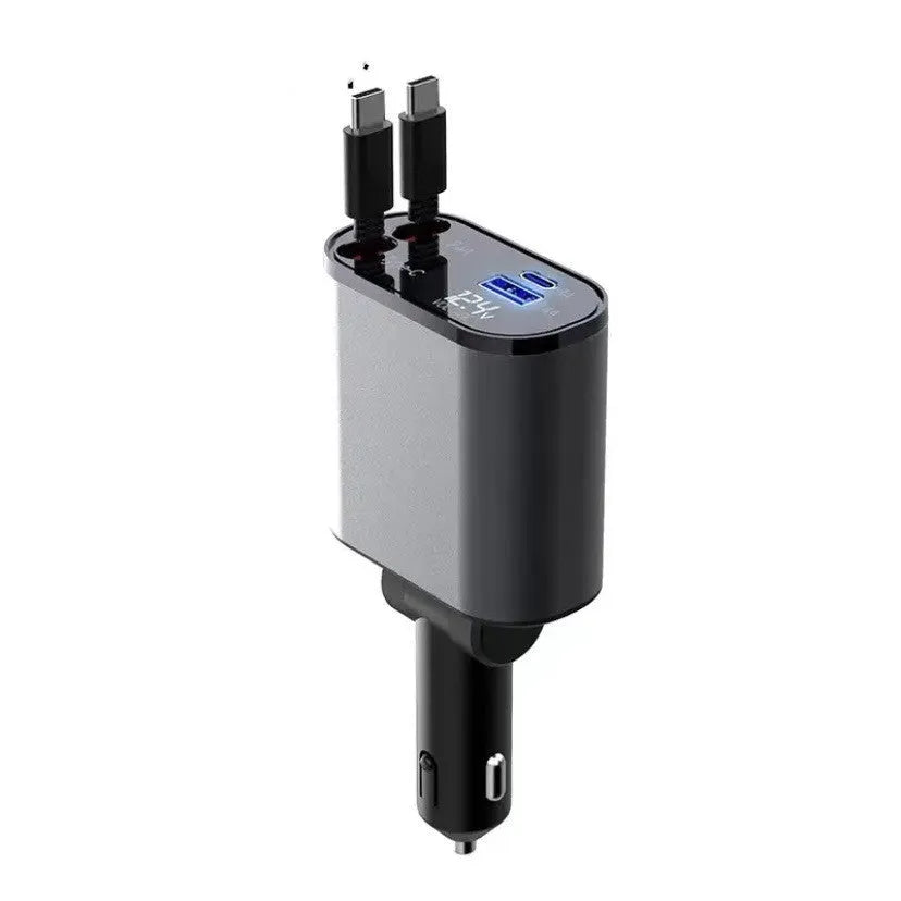 Metal car charger with retractable cable and adjustable head, USB and Type-C ports, 100W fast charging