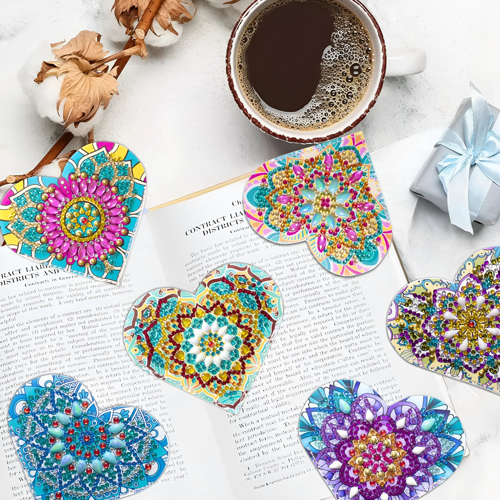Set of six PU leather bookmarks with handmade crystal flower decorations.