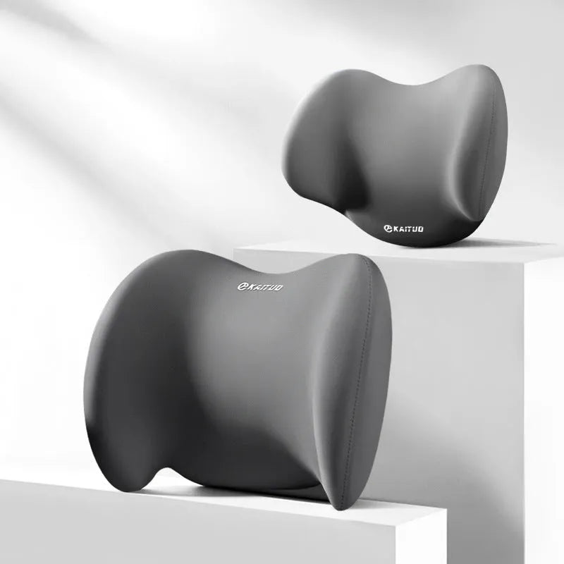 Automotive memory foam support pillow with geometric pattern in cotton fabric, showing headrest and lumbar components