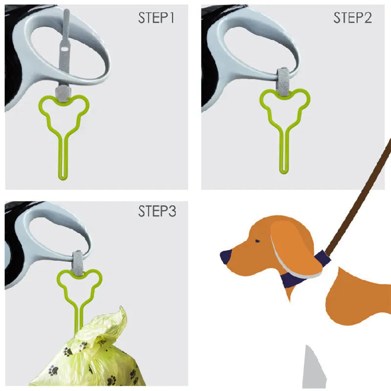 Dog poop bag holder with clip and velcro strap for leash attachment.