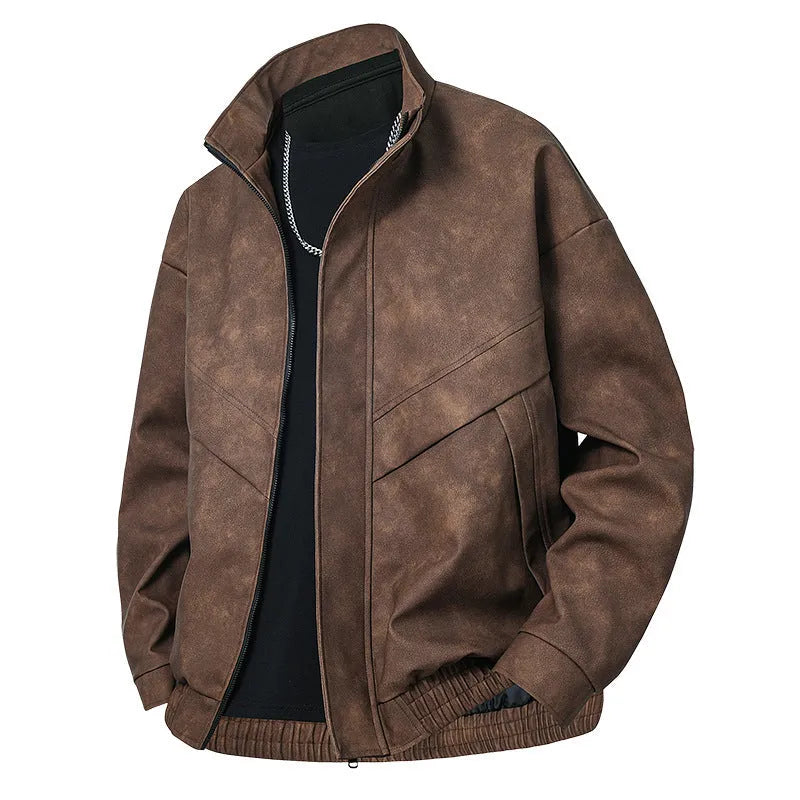 Mens slim fit PU leather coat in black gray with side pockets, straight hem, and loose fit