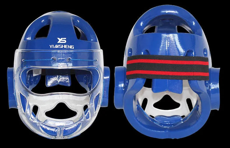 Karate helmet for boxing training in white, blue, or red colours with size options S, M, L, XL