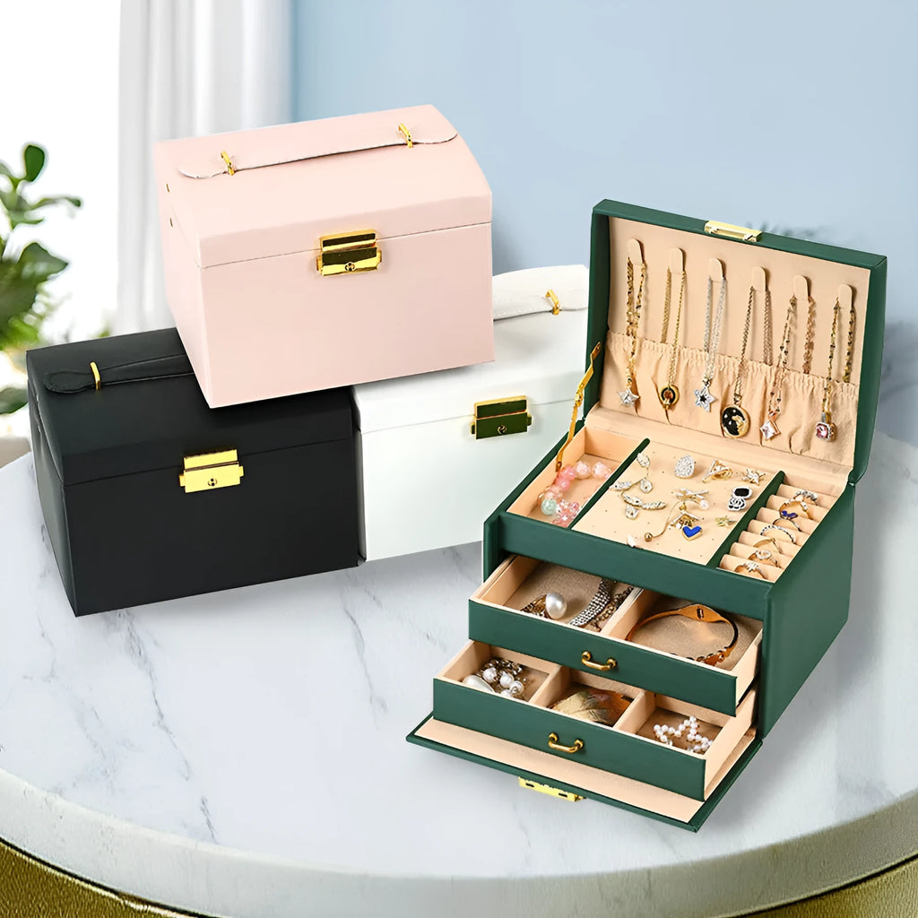 Travel jewellery box 18x14x13cm in white pink green black with density plate leather flannel and UV process