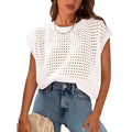 White loose-fit crochet knit pullover sweater on a hanger
