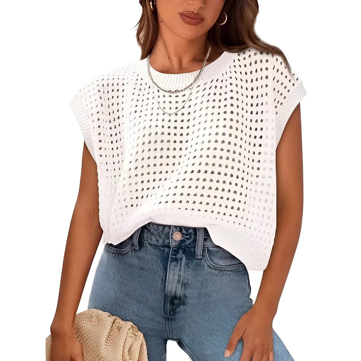 White loose-fit crochet knit pullover sweater on a hanger