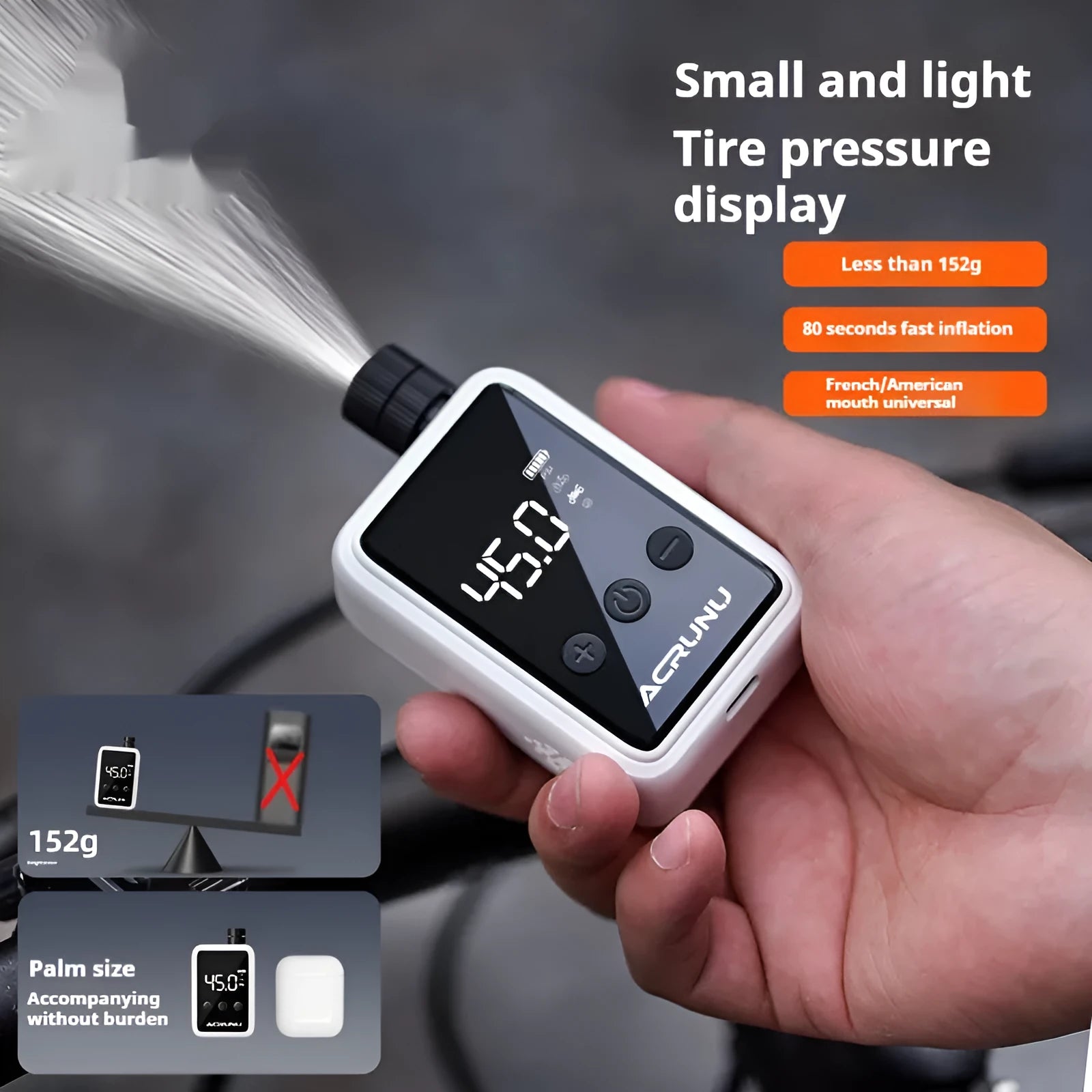 Bicycle intelligent digital display inflator in moon white with adaptors and Type-C cable