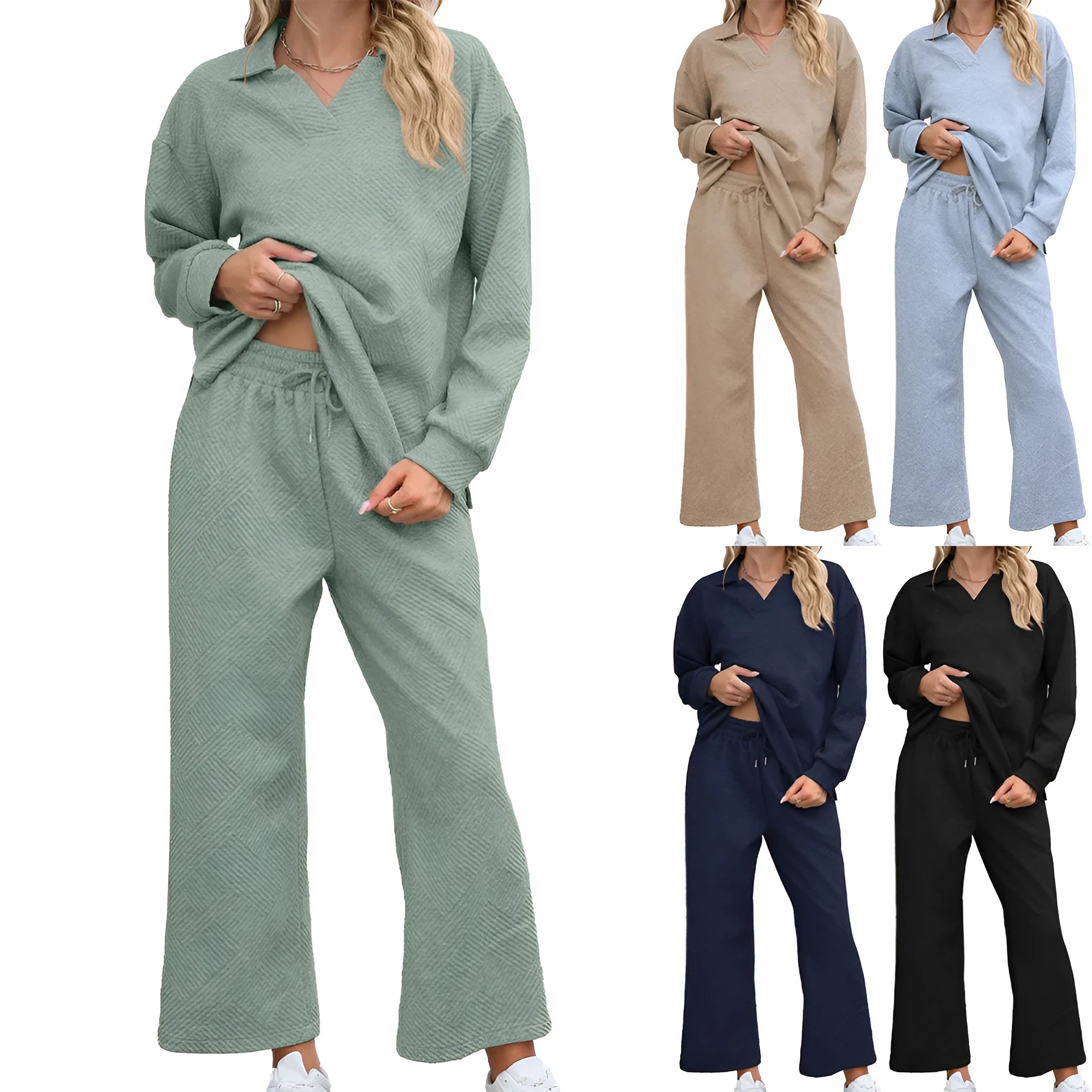 Women's solid colour knitted jacquard suit with lapel sweater and elastic waist cropped trousers.