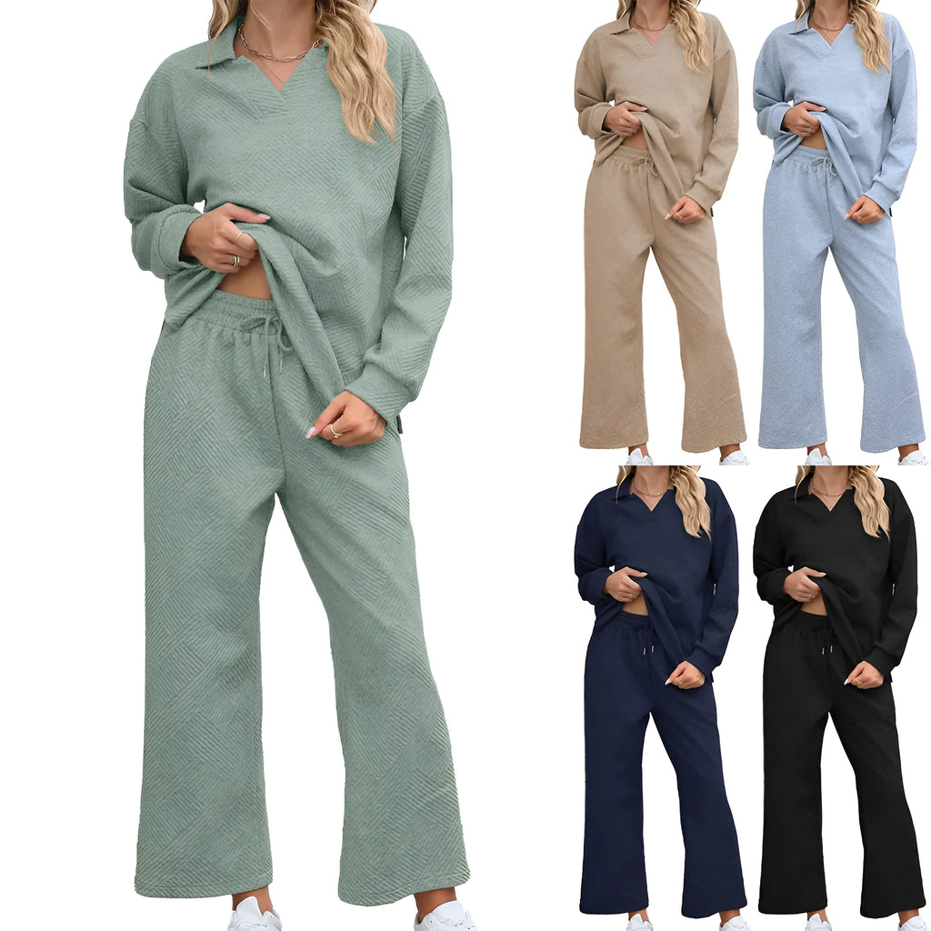 Women's solid colour knitted jacquard suit with long sleeve top and elastic waist cropped pants.