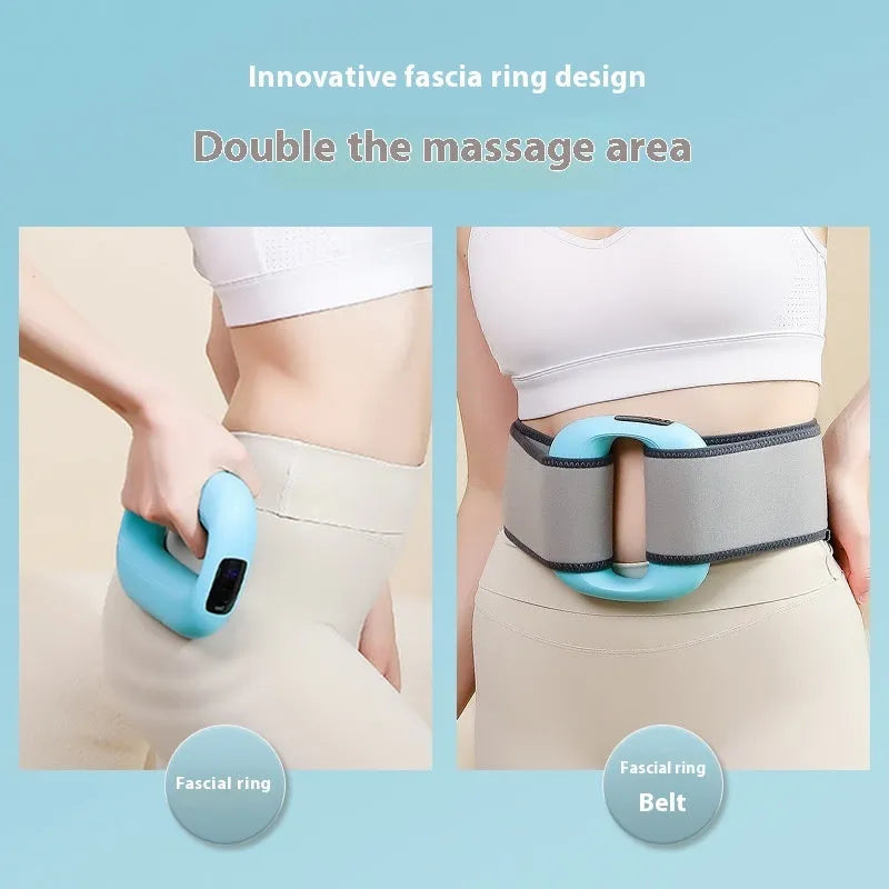 Mini fitness massage gun in pink, purple, or blue with LED screen, three gears, and waist belt.