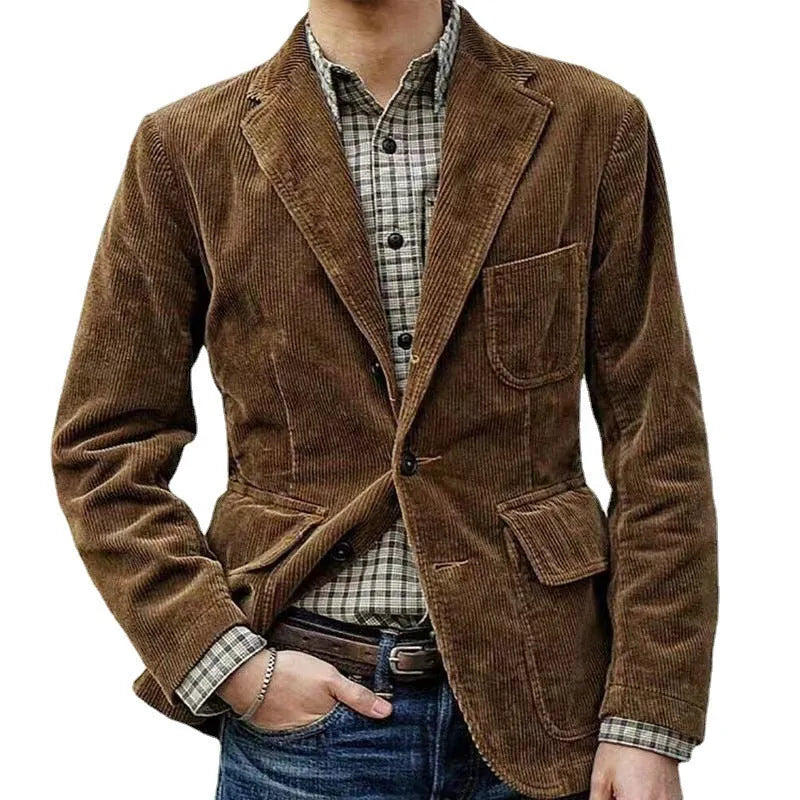 Men's solid colour corduroy jacket winter casual blazer in Army Green front view