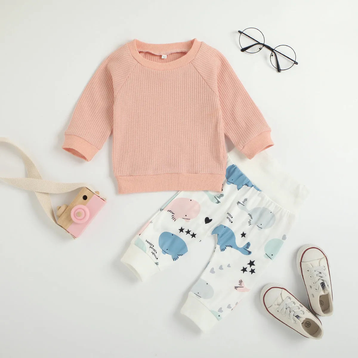 Children's cotton autumn long-sleeve two-piece suit with rainbow pattern in sky blue for 80cm height