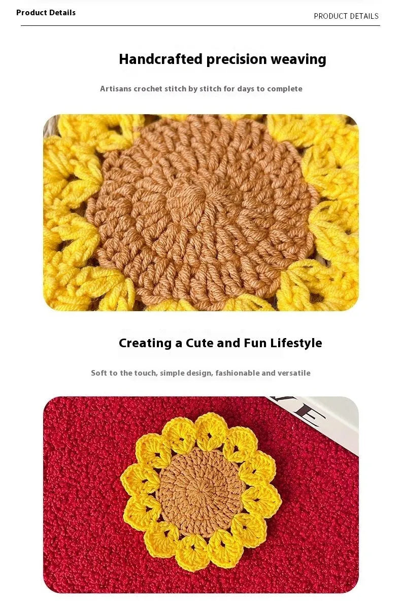 Hand-woven circular wool coaster with floral pattern, 10.5cm diameter