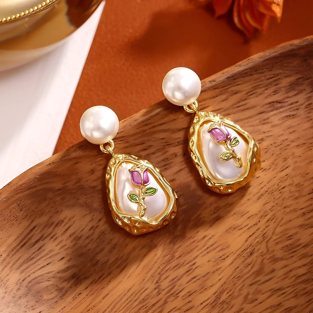 Rose baroque pearl stud earrings copper base pearl inlay geometry shape