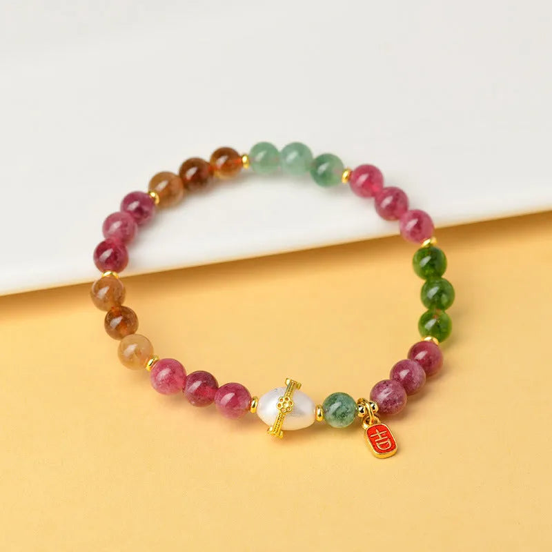 Tourmaline geometric bracelet with 6.5mm natural chalcedony beads